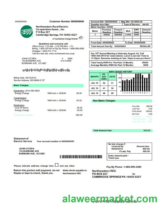 USA Northwestern Rural Electric utility bill template, fully editable in Word and PDF format